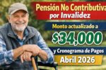 Pensión no contributiva por invalidez: monto actualizado a $34,000 y cronograma de pagos abril 2026