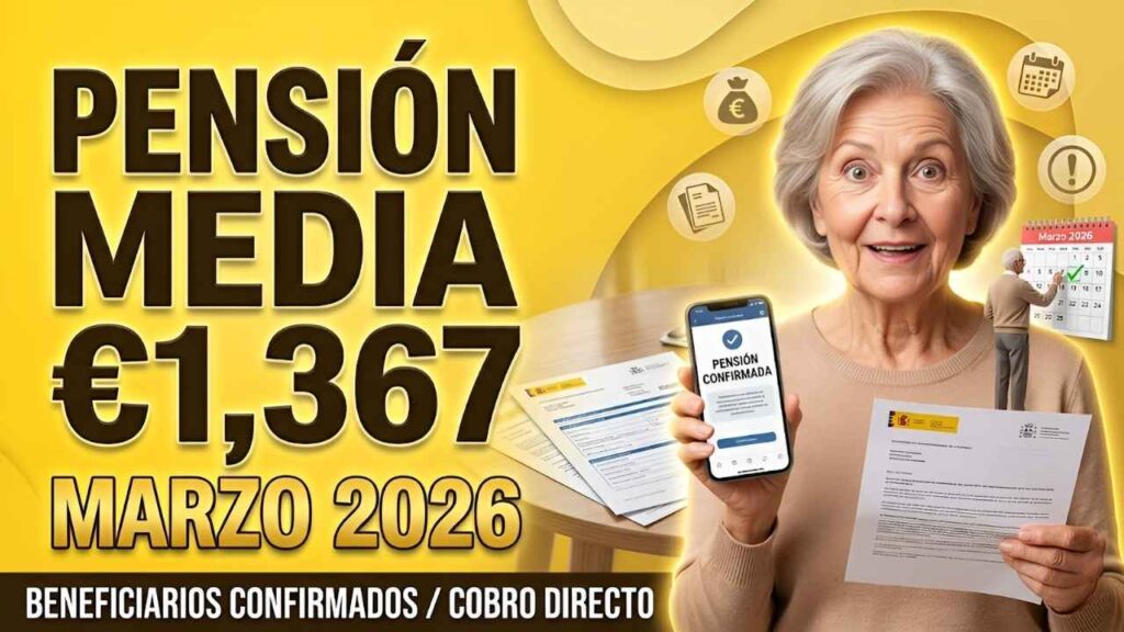 Pensión media €1,367 marzo 2026 beneficiarios confirmados y cobro directo Seguridad Social