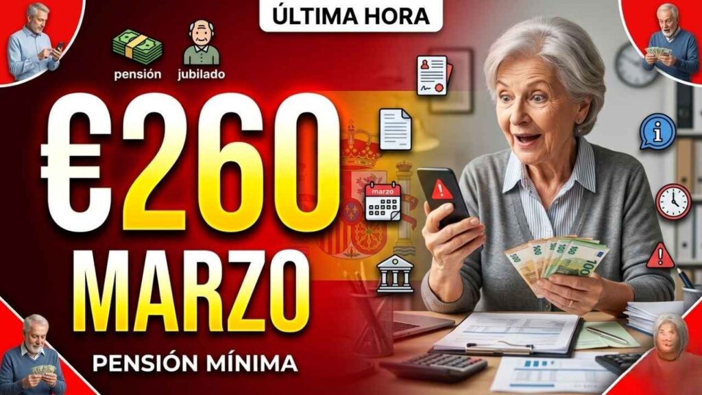 Complemento pensión mínima €260 marzo: jubilados beneficiarios, cómo pedirlo y día de pago oficial